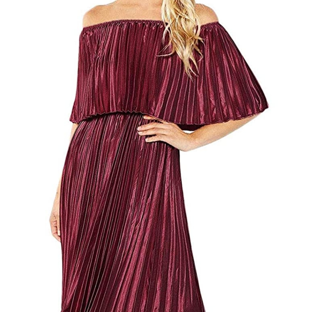 Off The Shoulder Layered Ruffle Pleated Long Maxi Satin Dress